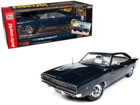 1968 Dodge Charger R/T Dark Blue Metallic with White Interior and Tail Stripe "Mecum Auctions" "American Muscle" Series 1/18 Diecast Model Car by Auto World