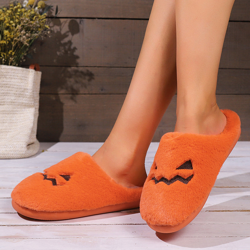 Cute Halloween Pumpkin Slippers Winter Warm Plush Bedroom Floor Home Slippers Casual Slip On Comfortable Cozy Indoor House Shoes
