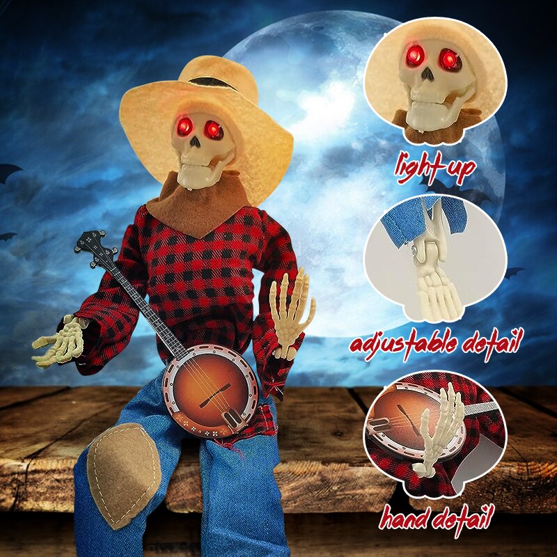 Halloween Luminous Skull Skeleton Decoration Guitarist Skeletons With Light Up Eye Horror Glowing Skeleton For Halloween Party Decor