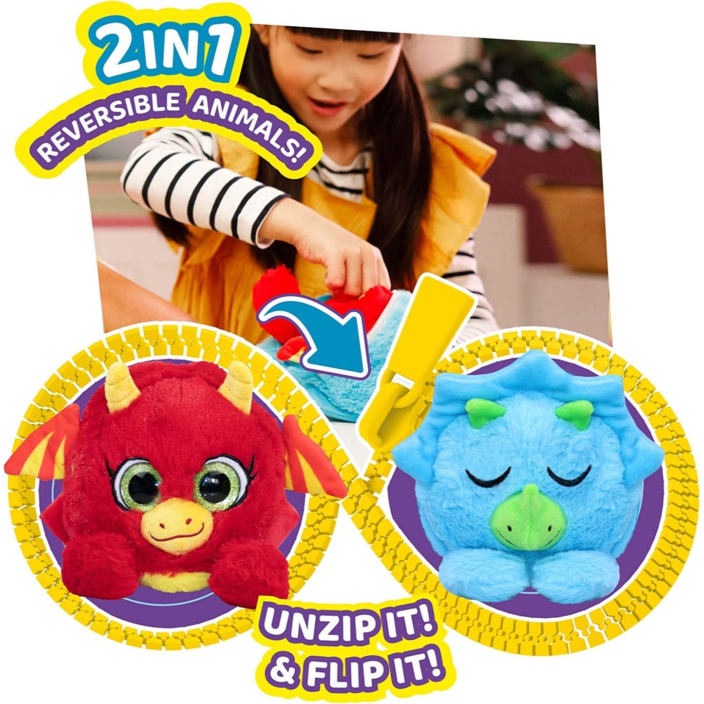 Zippetz Dragon & Dino - 2 in 1 Reversible Animal - Super Soft Plush Buddies
