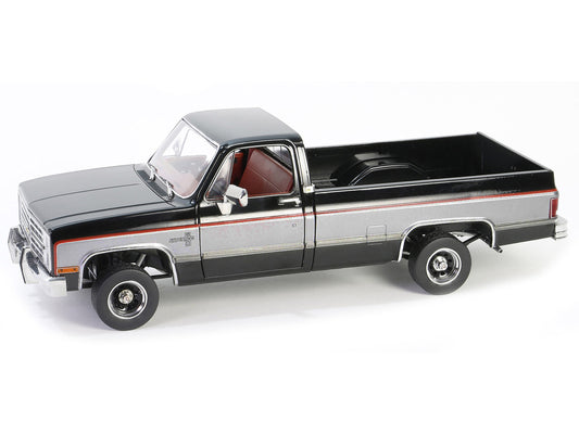 1986 Chevrolet K10 Silverado Pickup Truck Midnight Black and Steel Gray Metallic with Red Interior 1/18 Diecast Model Car by Greenlight