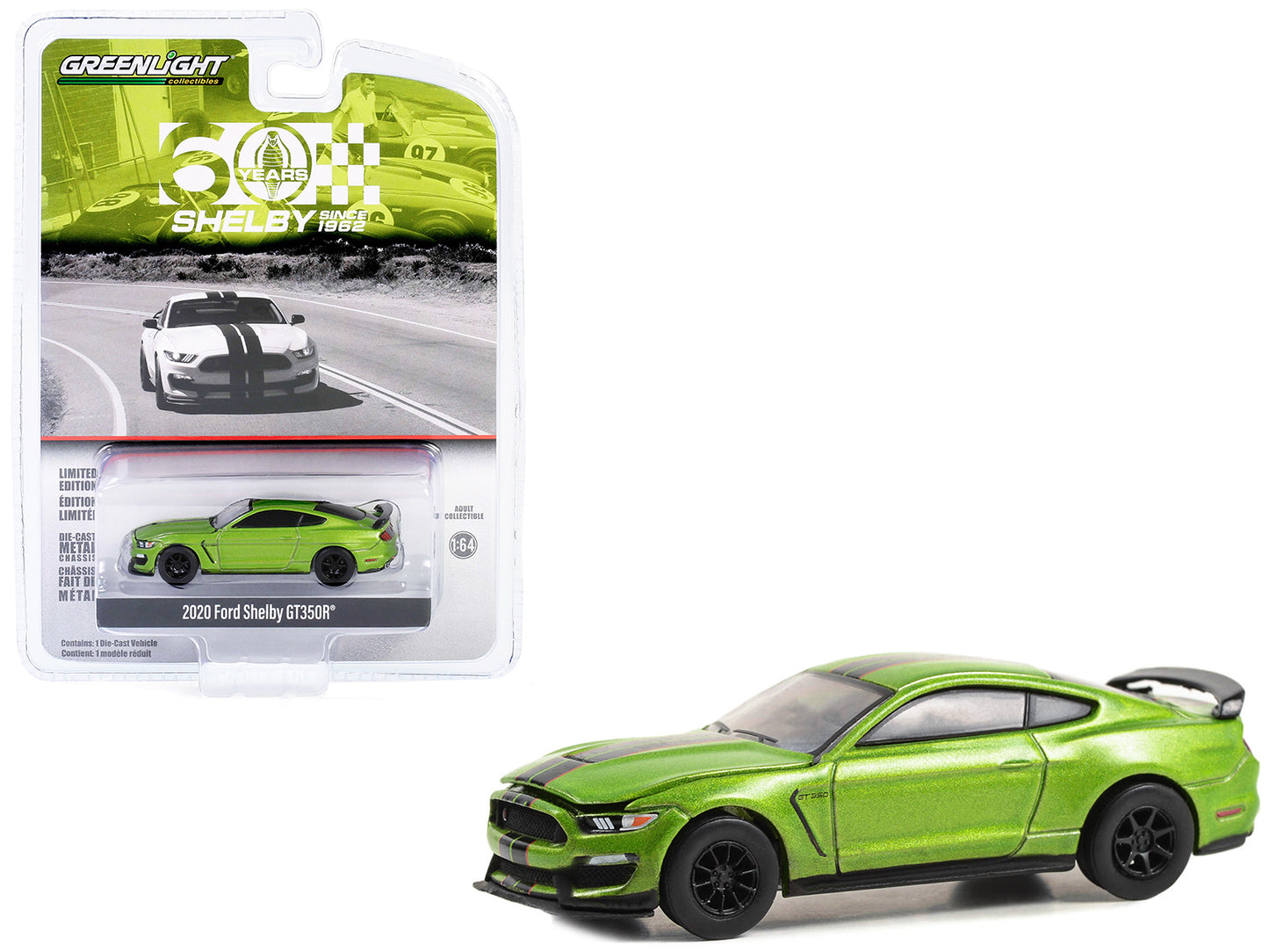 2020 Ford Shelby GT350R Lime Green Metallic with Black Stripes "Shelby 60 Years Since 1962" "Anniversary Collection" Series 16 1/64 Diecast Model Car by Greenlight