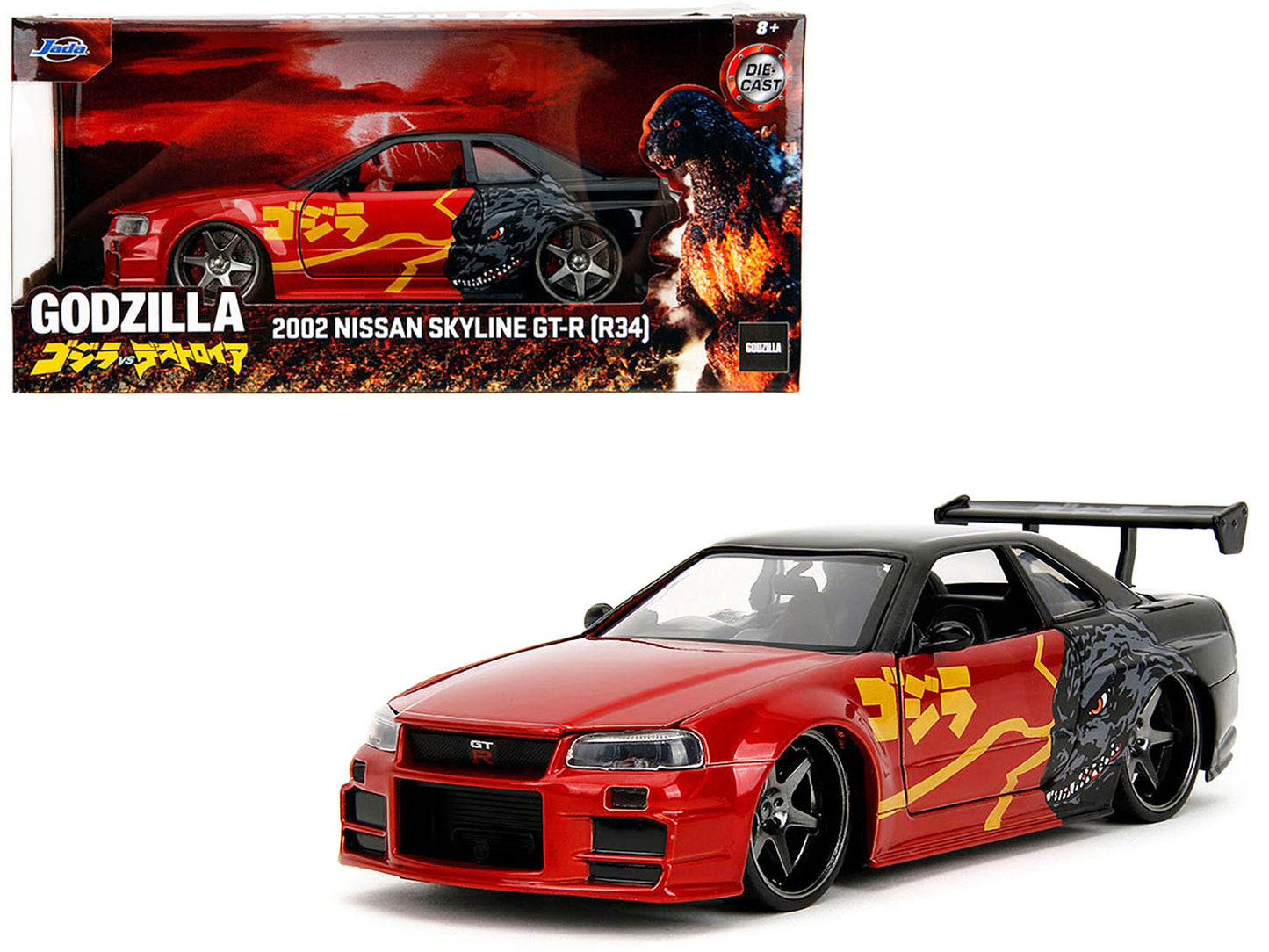 2002 Nissan Skyline GT-R (R34) RHD (Right Hand Drive) Red Metallic and Black "Godzilla vs. Destoroyah" (1995) Movie "Hollywood Rides" Series 1/24 Diecast Model Car by Jada