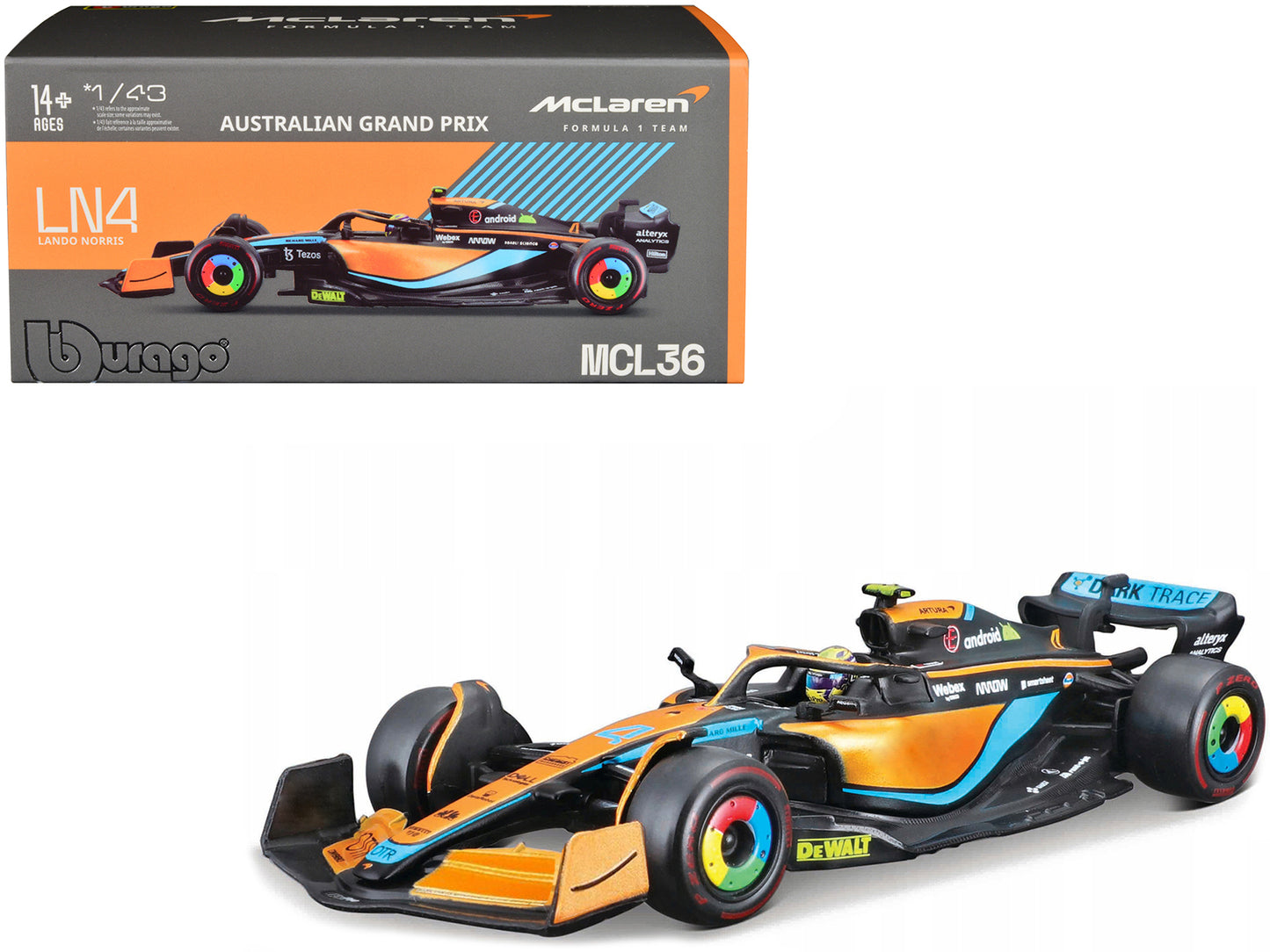 McLaren MCL36 #4 Lando Norris Formula One F1 "Australian GP" (2022) with Display Case 1/43 Diecast Model Car by Bburago