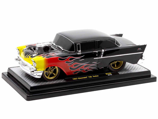 1957 Chevrolet 150 Sedan Black with Flames Graphics Limited Edition to 4250 pieces Worldwide 1/24 Diecast Model Car by M2 Machines