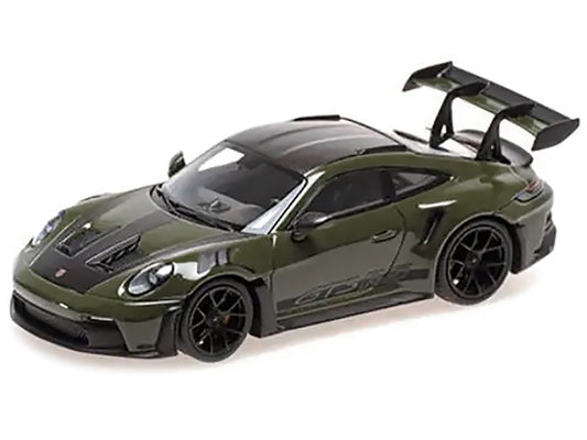 2023 Porsche 911 (992) GT3 RS "Weissach Package" Olive Green with Carbon Stripes and Top Limited Edition to 336 pieces Worldwide 1/43 Diecast Model Car by Minichamps