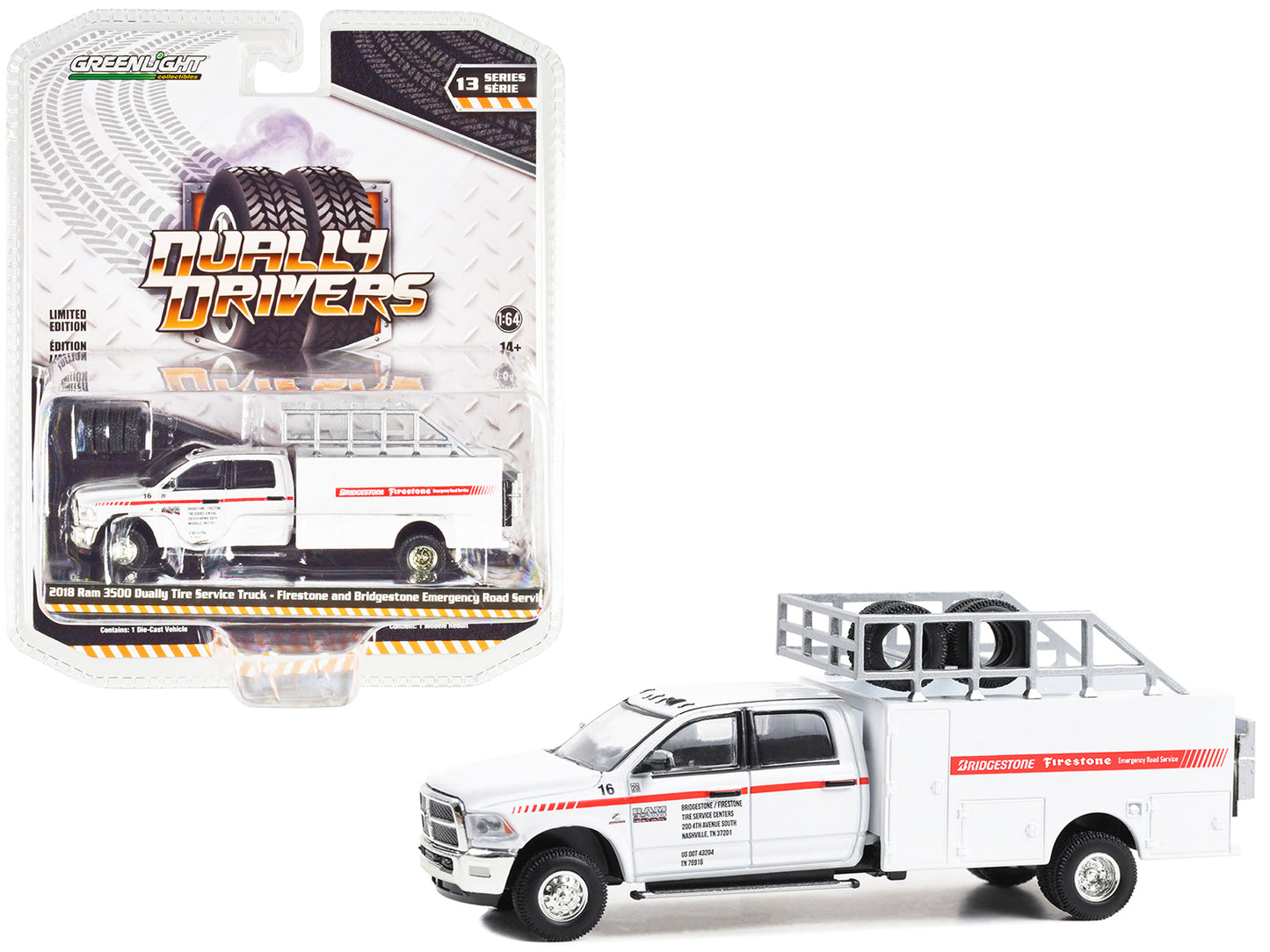 2018 Ram 3500 Dually Tire Service Truck White "Firestone and Bridgestone Emergency Road Service" "Dually Drivers" Series 13 1/64 Diecast Model Car by Greenlight