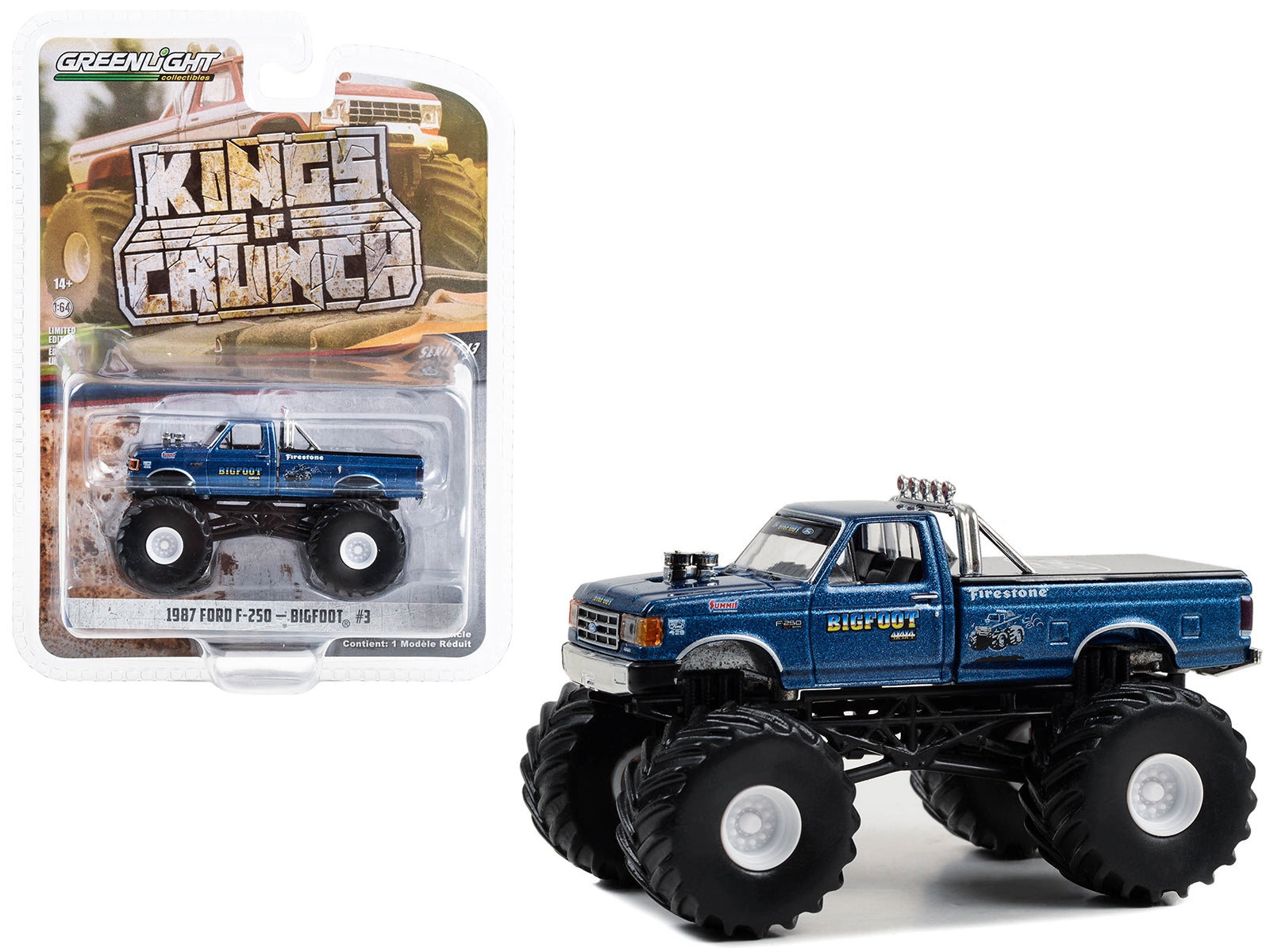 1987 Ford F 250 Monster Truck Blue Metallic Bigfoot 3 Kings of Crunch Series 13 1 64 Diecast Model Car by Greenlight