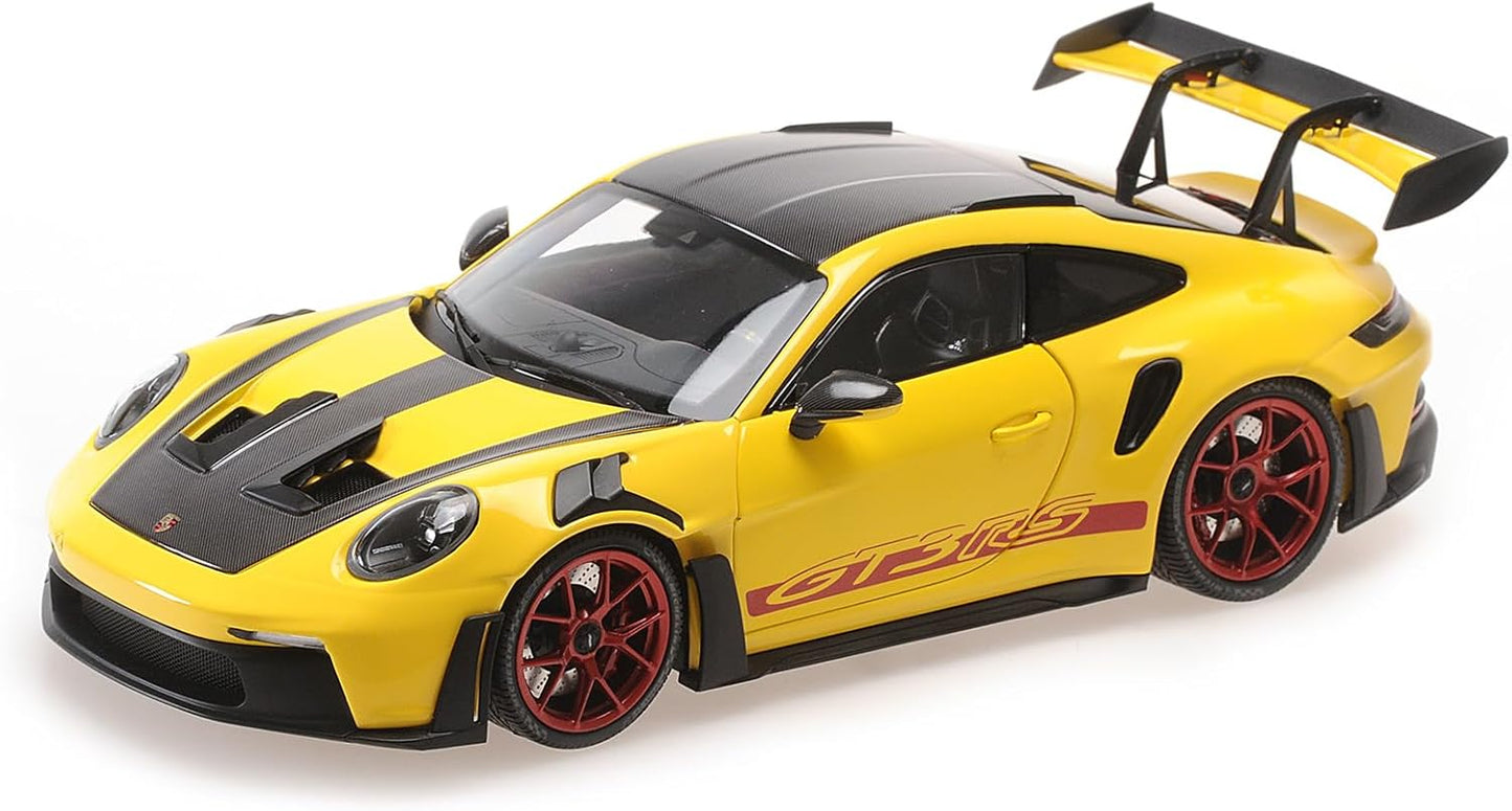 2024 Porsche 911 (992) GT3 RS "Weissach Package" Yellow with Carbon Top and Hood Stripes Limited Edition to 400 pieces Worldwide 1/18 Diecast Model Car by Minichamps