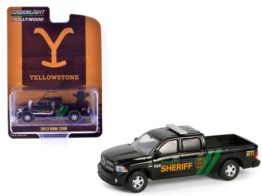 2013 Ram 1500 Pickup Truck "County Sheriff" Black with Green Stripes "Yellowstone" (2018–Current) TV Series "Hollywood Series" Release 42 1/64 Diecast Model Car by Greenlight