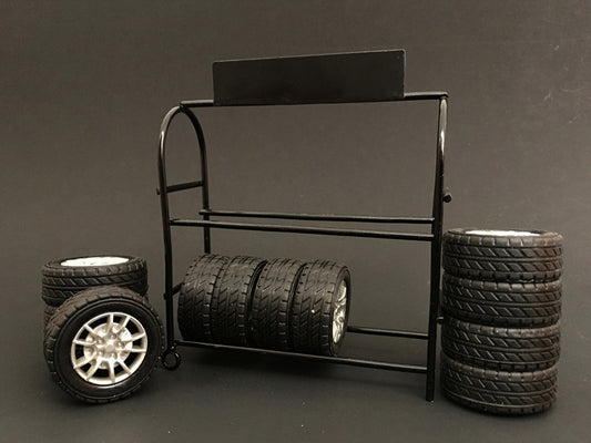 Metal Tire Rack with Rims and Tires for 1/18 Scale Models by American Diorama