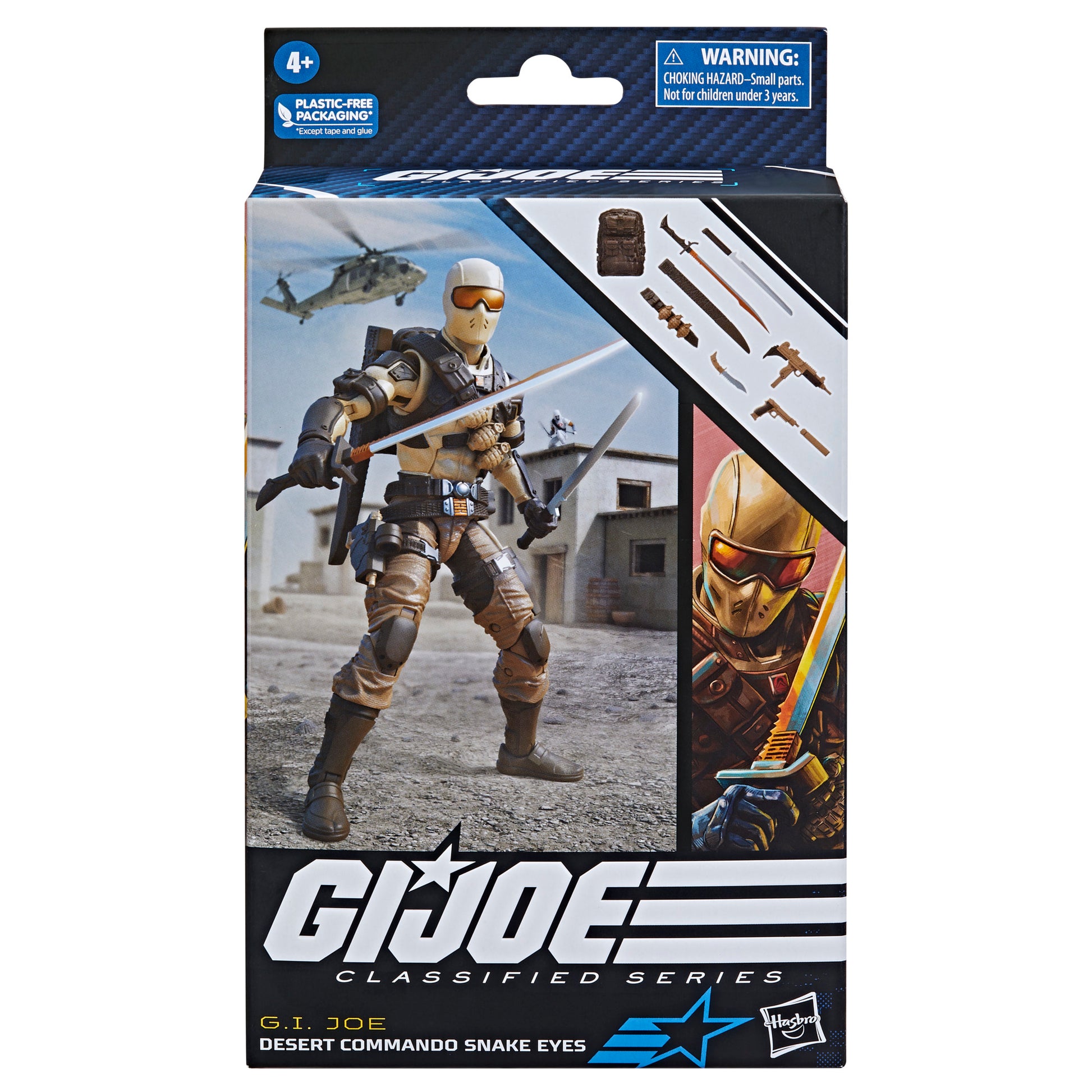 G.I. Joe Classified Series Desert Commando Snake Eyes front view in a box - Heretoserveyou