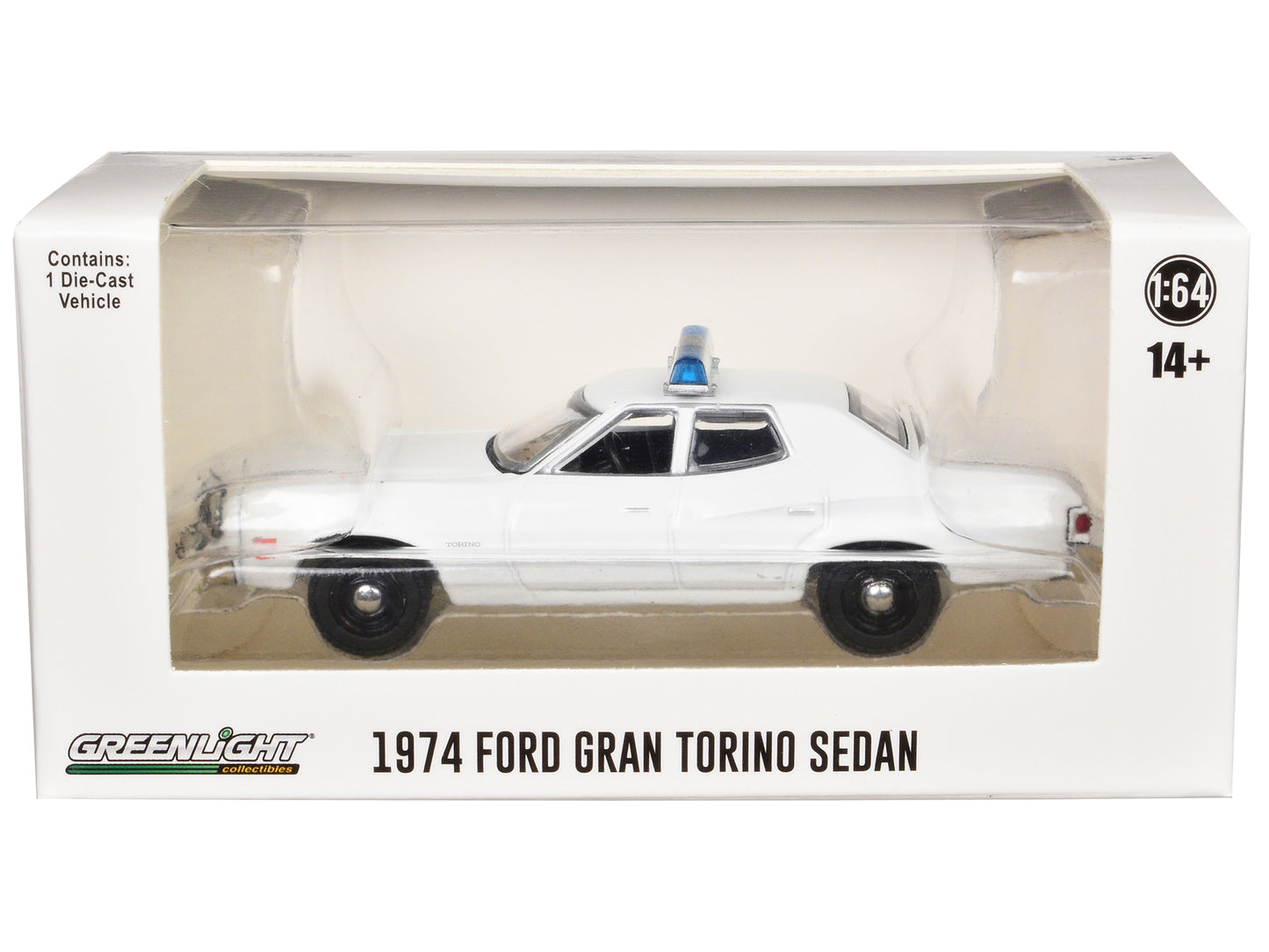 1974-1976 Ford Gran Torino Sedan Police Car White with Light Bar "Hot Pursuit - Hobby Exclusive" Series 1/64 Diecast Model Car by Greenlight