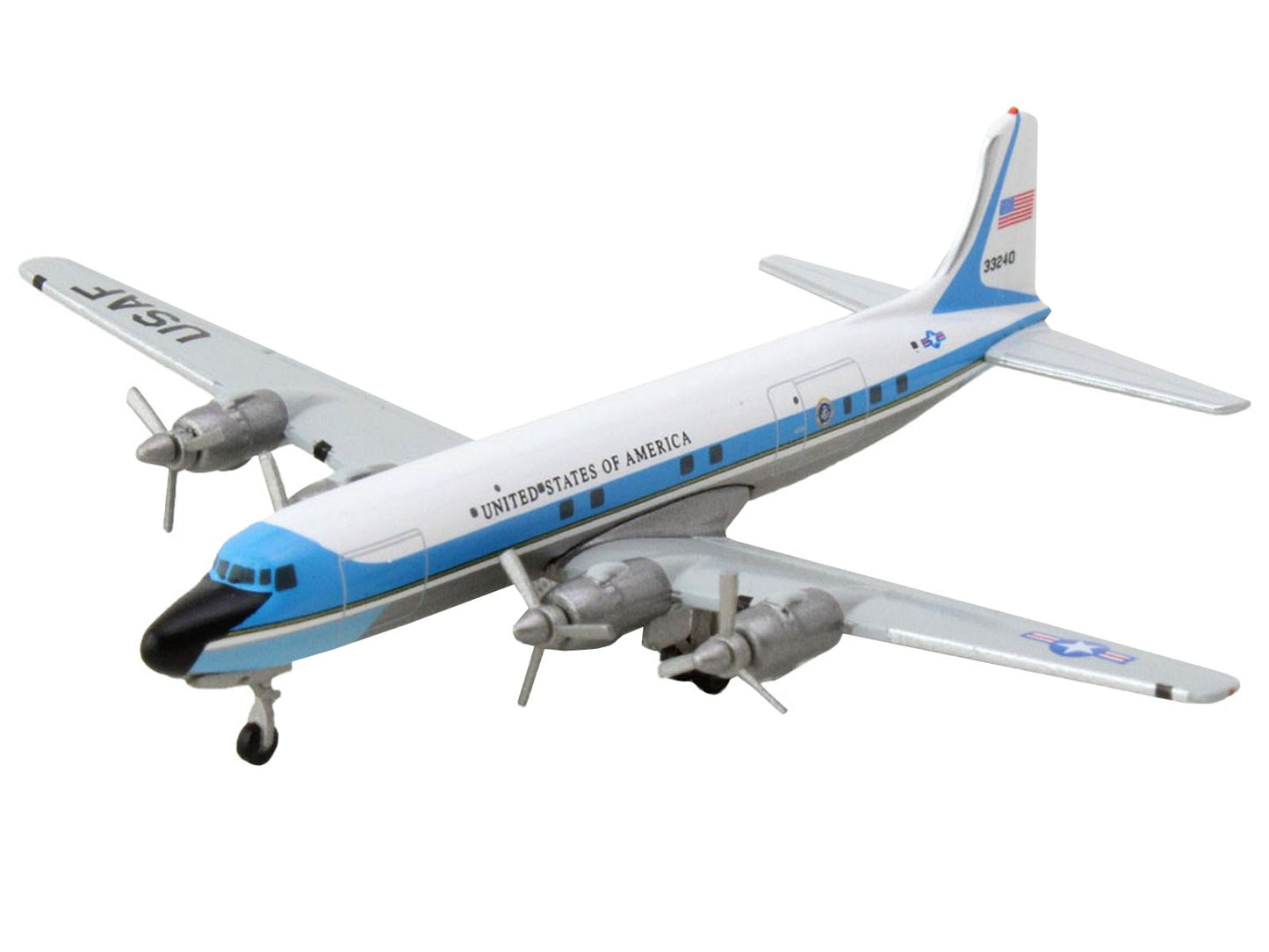 Douglas VC-118A Transport Aircraft "United States Air Force One 1254th Air Transport Wing Andrews Air Base" (53-3240) White with Blue Stripes 1/500 Diecast Model Airplane by Herpa