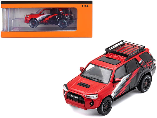 2022 Toyota 4 Runner TRD Pro Black and Red with Graphics and Roofrack 1/64 Diecast Model Car by GCD