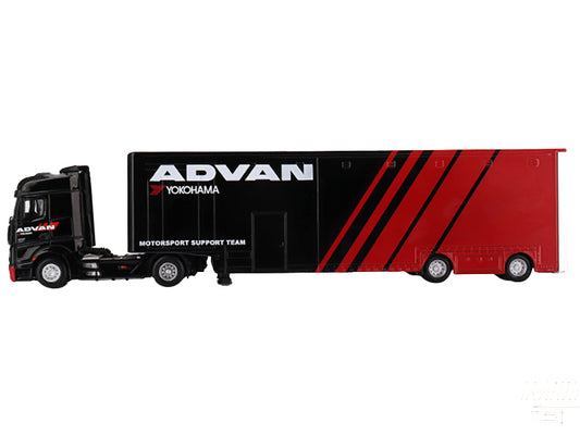 Mercedes-Benz Actros with Racing Transporter Red and Black "ADVAN" 1/64 Diecast Model Car by Mini GT