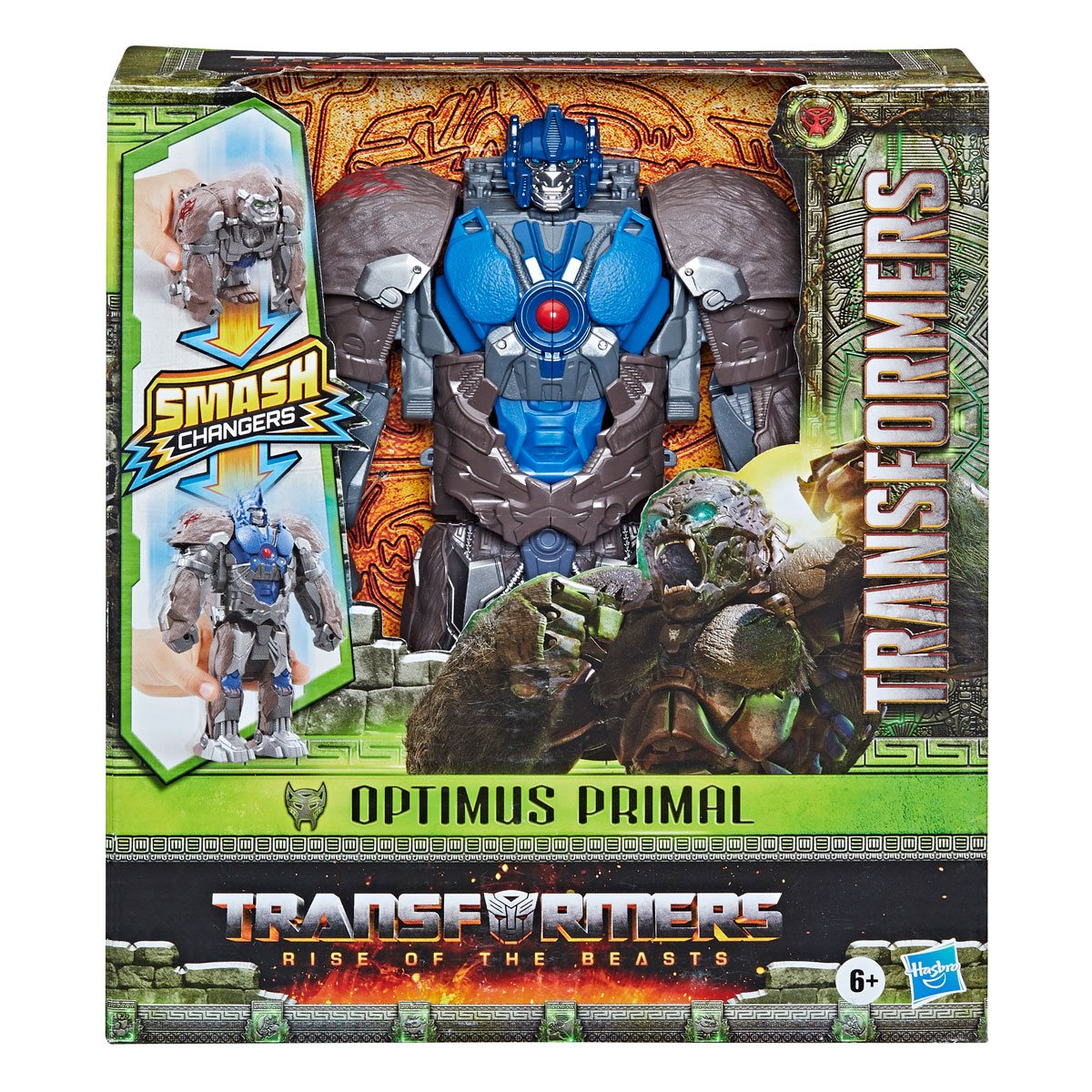 Transformers Rise of the Beasts Optimus Primal Smash Changers 9-Inch Action Figure Toy in a box front voew - Heretoserveyou