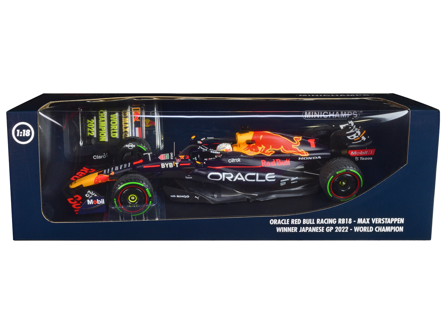 Red Bull Racing RB18 #1 Max Verstappen "Oracle" Winner F1 Formula One "Japanese GP" (2022) with Driver and World Champion Pit Board Limited Edition to 1602 pieces Worldwide 1/18 Diecast Model Car by Minichamps