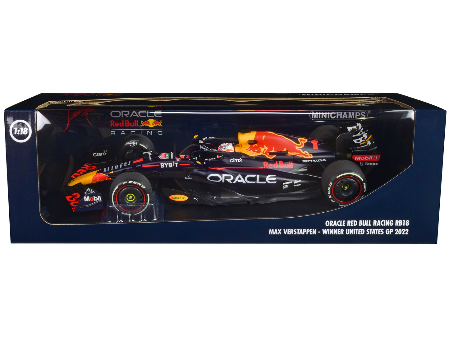 Red Bull Racing RB18 #1 Max Verstappen "Oracle" Winner F1 Formula One "United States GP" (2022) with Driver Limited Edition to 258 pieces Worldwide 1/18 Diecast Model Car by Minichamps
