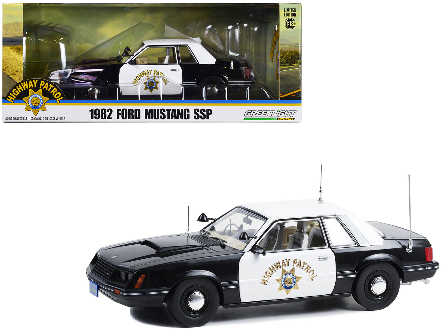 1982 Ford Mustang SSP Black and White "California Highway Patrol"  1/18 Diecast Model Car by Greenlight