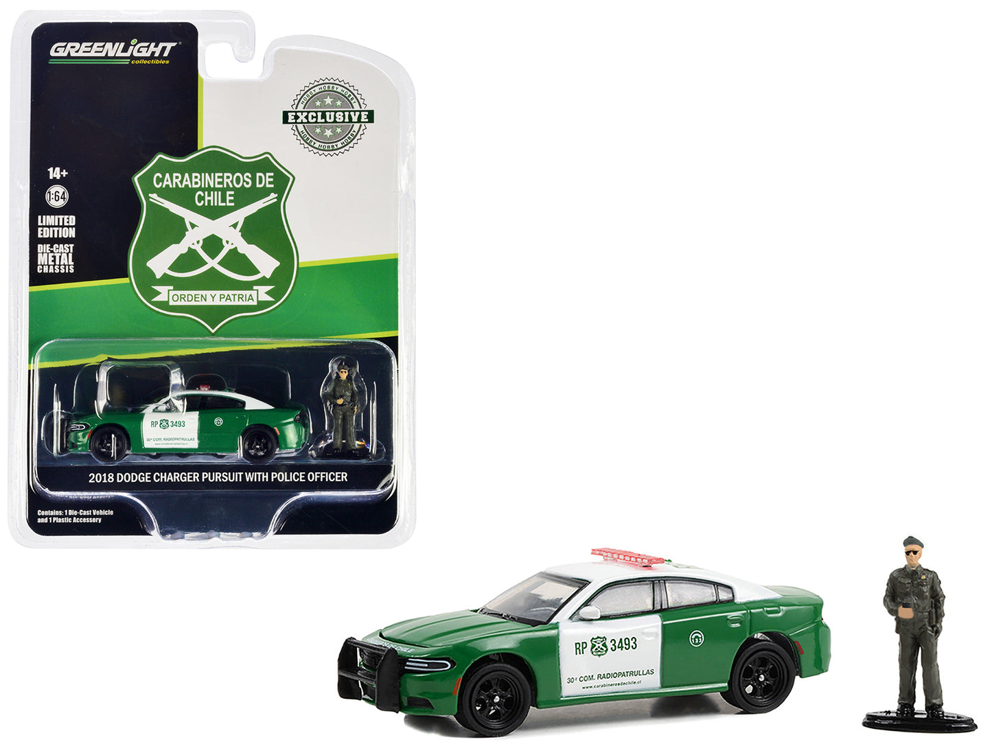 2018 Dodge Charger Pursuit Green and White "Carabineros de Chile" with Carabineros de Chile Police Figure "Hobby Exclusive" Series 1/64 Diecast Model Car by Greenlight