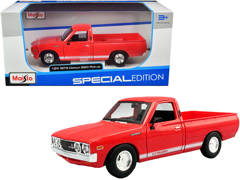1973 Datsun 620 Pickup Truck "Li'l Hustler" Red with White Stripes "Special Edition" Series 1/24 Diecast Model Car by Maisto