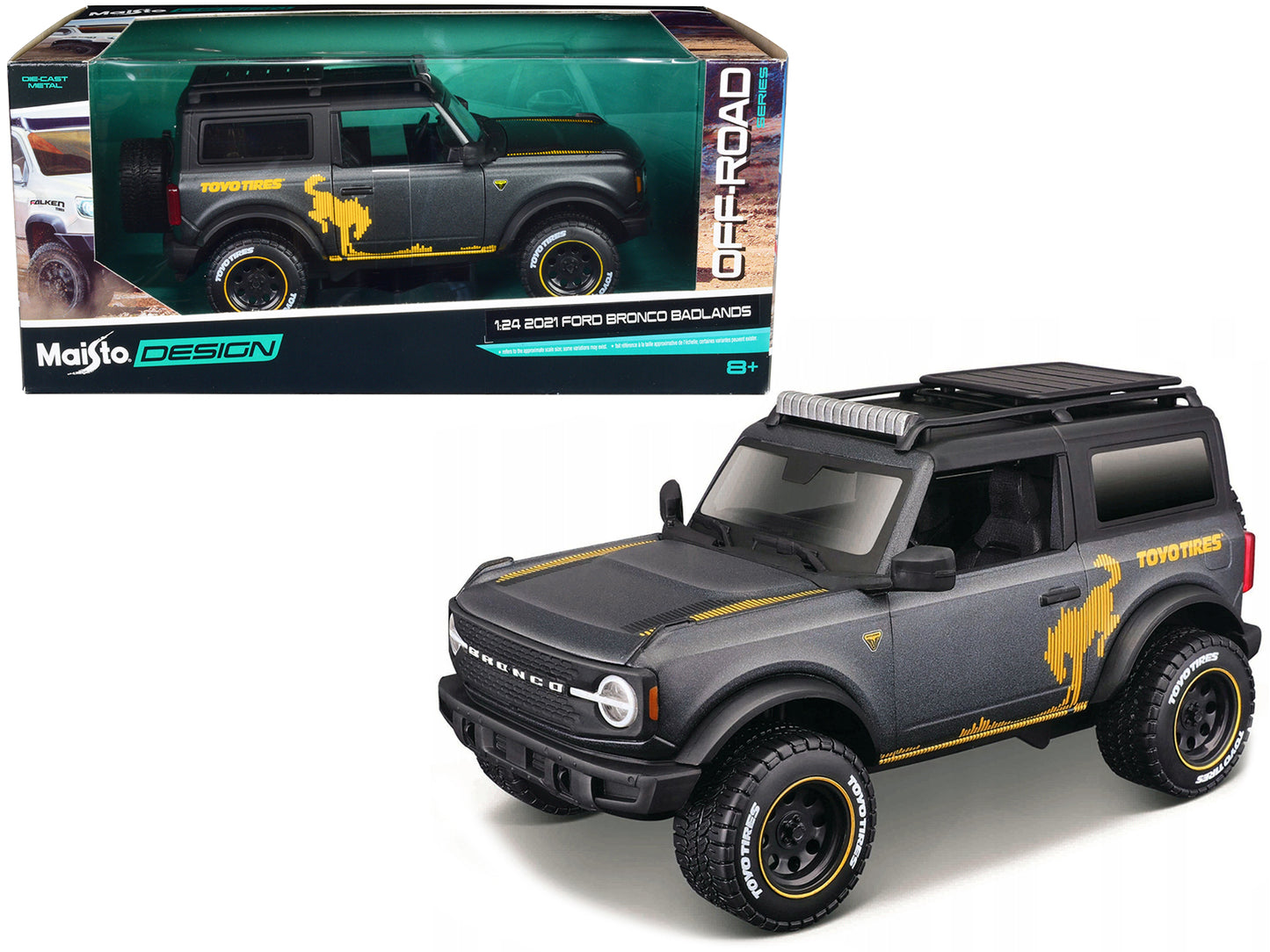 2021 Ford Bronco Badlands Dark Gray Metallic with Gold Graphics and Roof Rack "Off-Road" "Maisto Design" Series 1/24 Diecast Model Car by Maisto