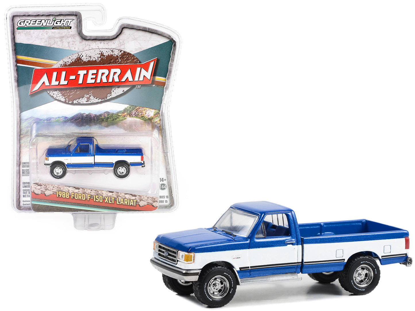 1988 Ford F-150 XLT Lariat Pickup Truck Blue Metallic and White with Blue Interior "All Terrain" Series 15 1/64 Diecast Model Car by Greenlight