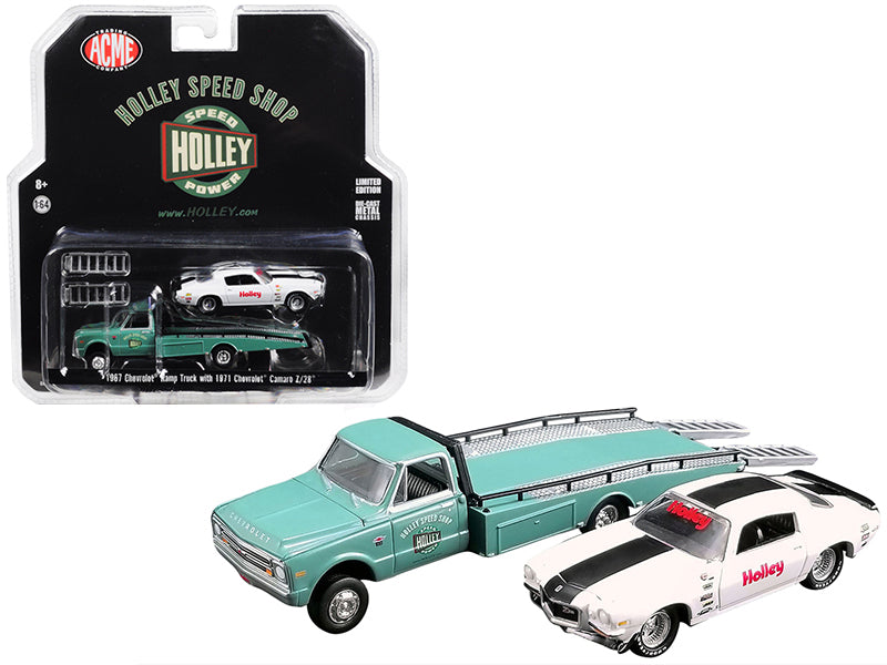 1967 Chevrolet Ramp Truck Turquoise and 1971 Chevrolet Camaro Z/28 White with Black Stripe "Holley Speed Shop" "Acme Exclusive" 1/64 Diecast Model Cars by Greenlight for Acme