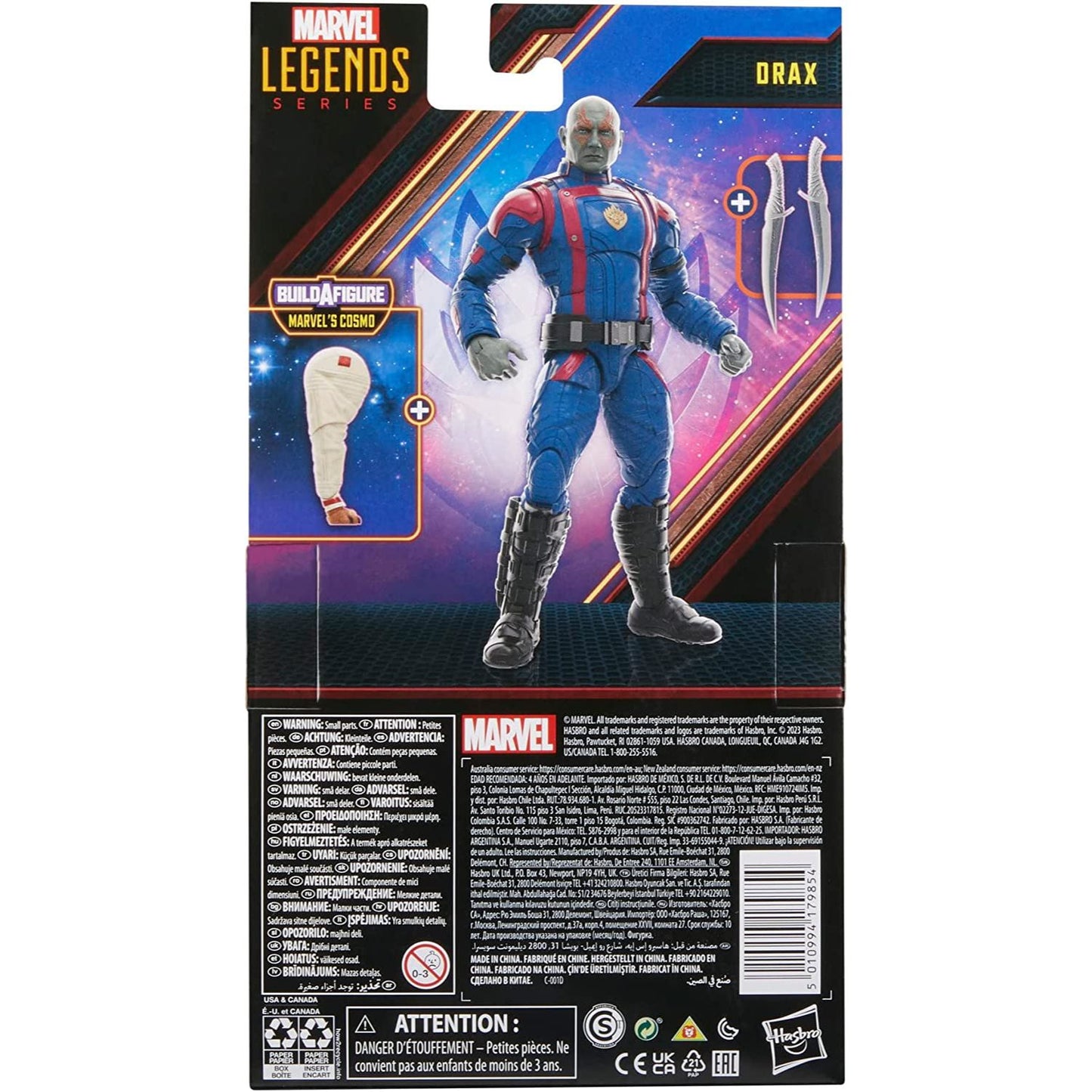 Guardians of the Galaxy Vol. 3 Marvel Legends Drax 6-Inch Action Figure Toy in a box back view - HERETOSERVEYOU