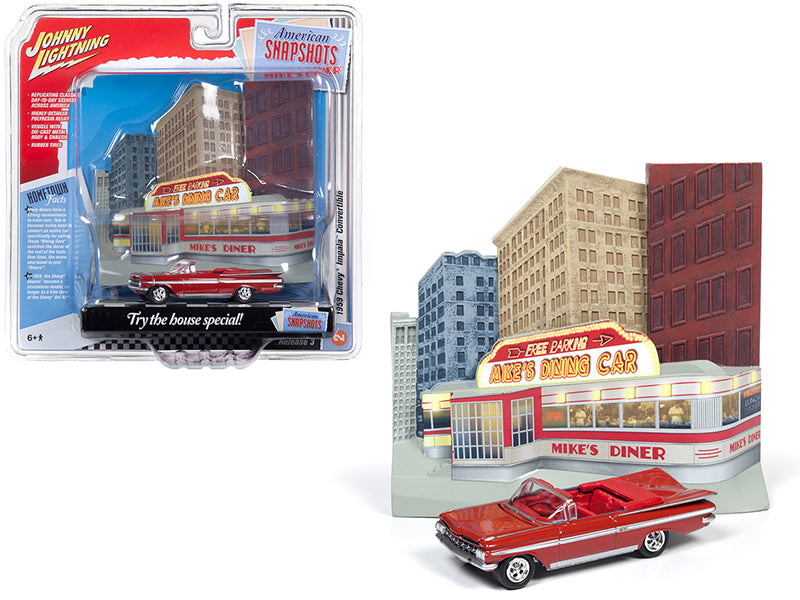 1959 Chevrolet Impala Convertible Red with "Mike’s Diner" Front Facade Diorama Set "American Snapshots" 1/64 Diecast Model Car by Johnny Lightning