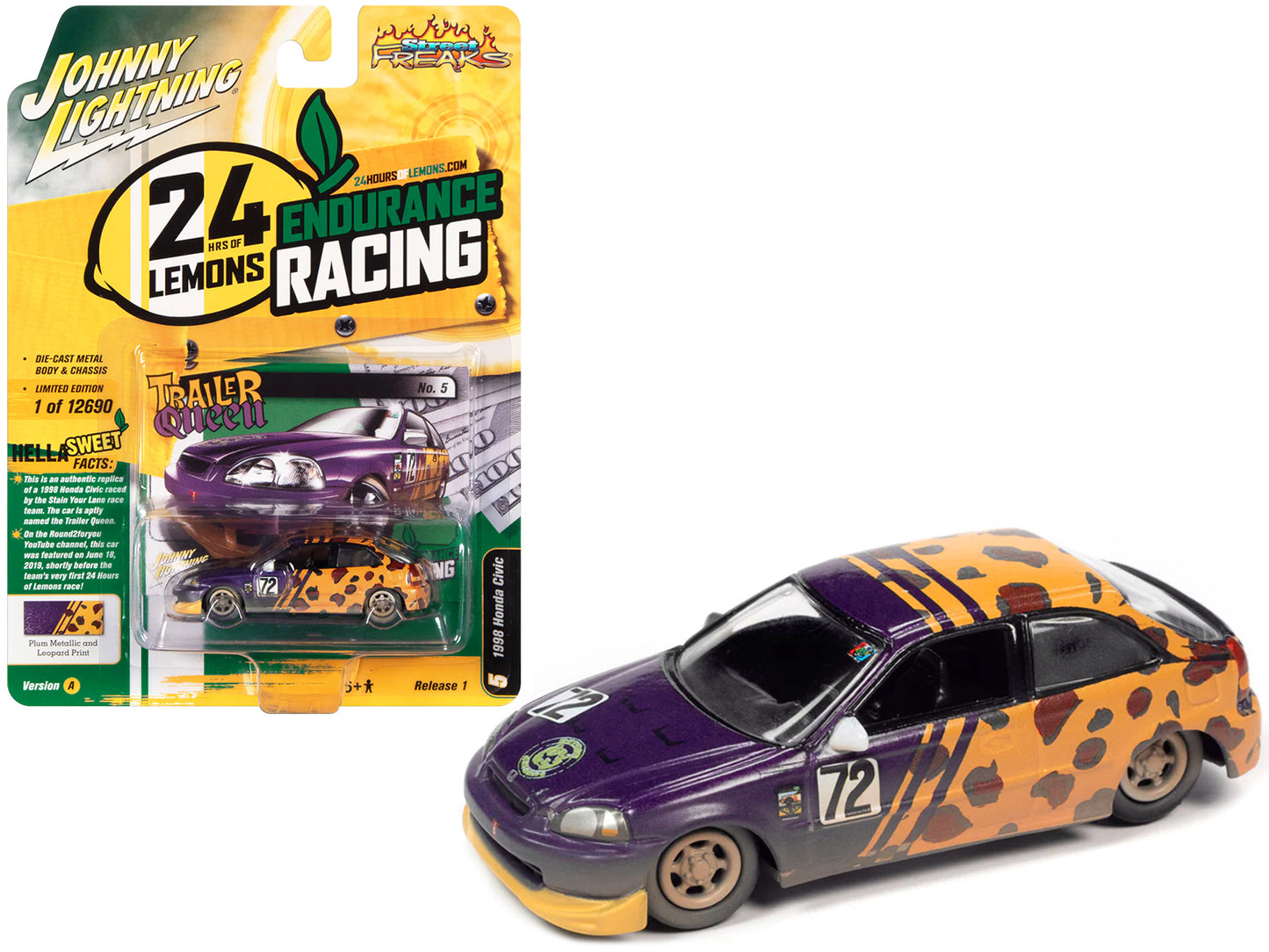 1998 Honda Civic #72 Purple Metallic and Leopard Print (Raced Version) "24 Hours of Lemons" (2019) Limited Edition to 12690 pieces Worldwide "Street Freaks" Series 1/64 Diecast Model Car by Johnny Lightning