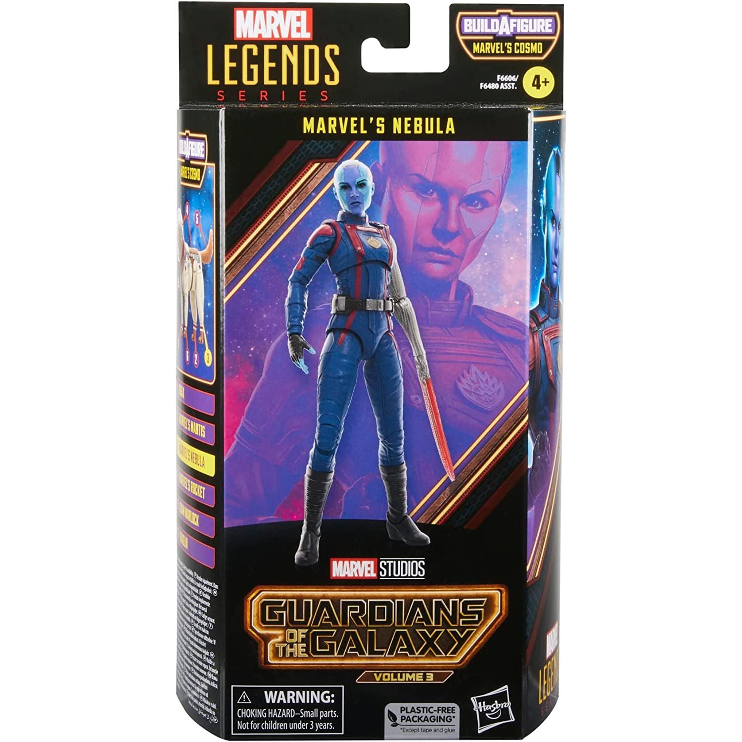  Guardians of the Galaxy Vol. 3 Marvel Legends Nebula 6-Inch Action Figure Toy in a box front view- Heretoserveyou