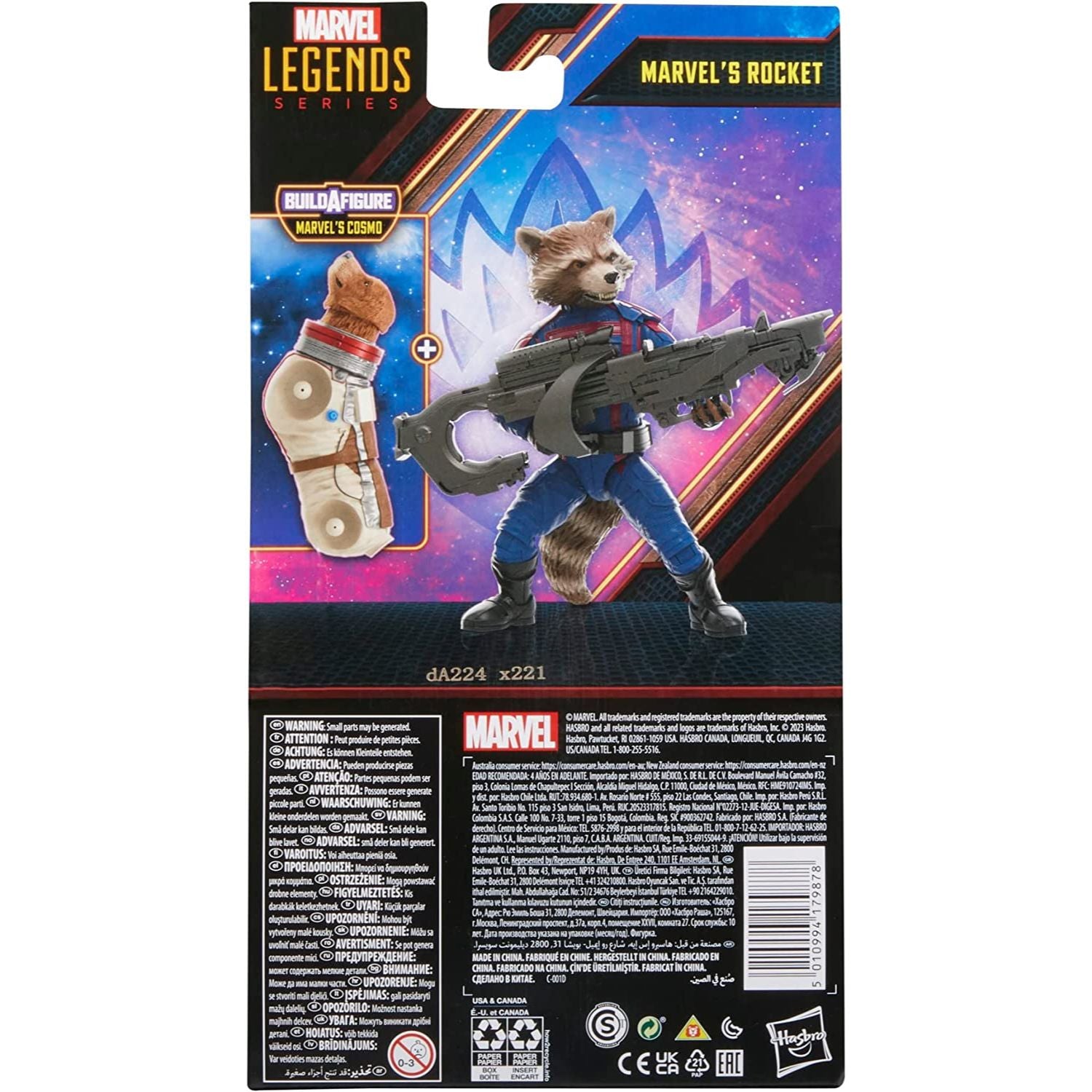 Guardians of The Galaxy Vol. 3 Marvel Legends Rocket 6-Inch Action Figure Toy in a box back view - Heretoserveyou