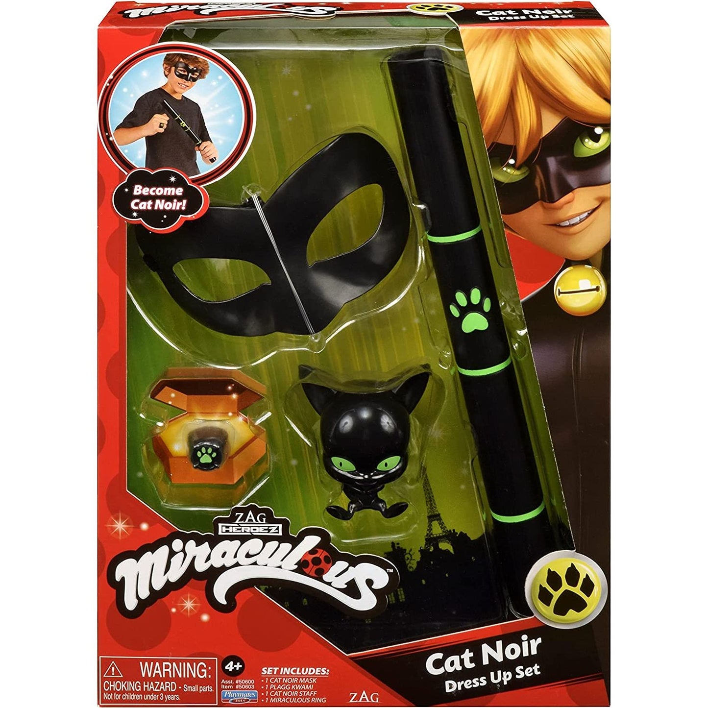 Miraculous Cat Noir Dress Up Set with Staff, kwami, mask and Ring by Playmates Toys