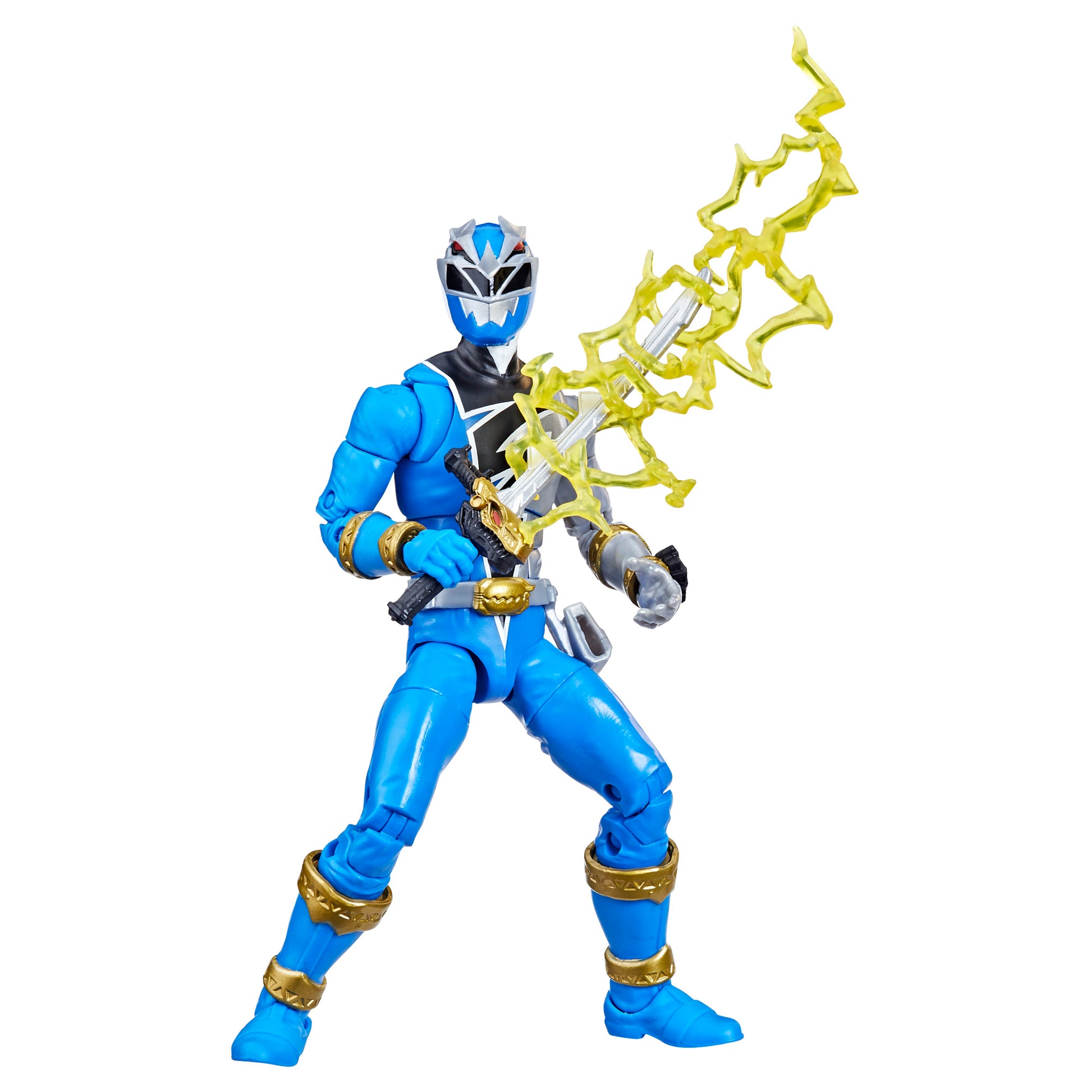 Power Rangers Lightning Collection Dino Fury Blue Ranger Figure  posed with accessories - Heretoserveyou