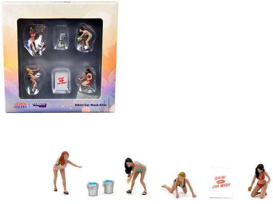 "Bikini Car Wash Girls" 6 Piece Diecast Figure Set (4 Figures and 2 Accessories) for 1/64 Scale Models by Tarmac Works & American Diorama
