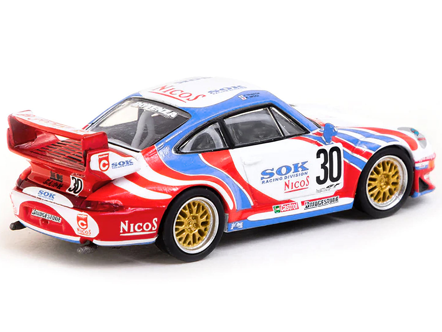 Porsche 911 GT2 #30 "Sohgo-Keibi" White with Red and Blue Graphics "Collab64" Series 1/64 Diecast Model Car by Schuco & Tarmac Works