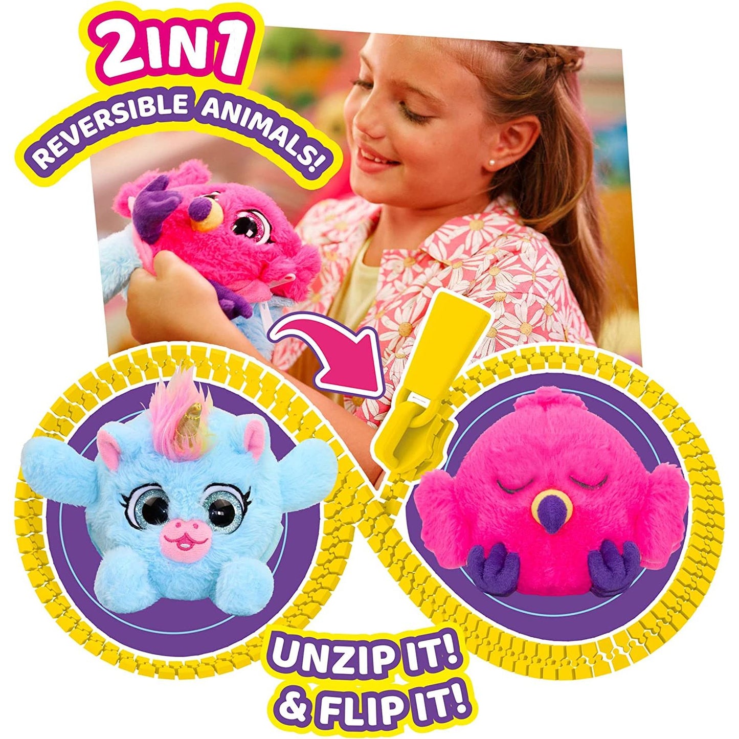 ZIPPETZ- 2 in 1 Reversible Animals - Unicorn Glass Eyes & Flamingo Sleepy Eyes - Super Soft Plush Buddies